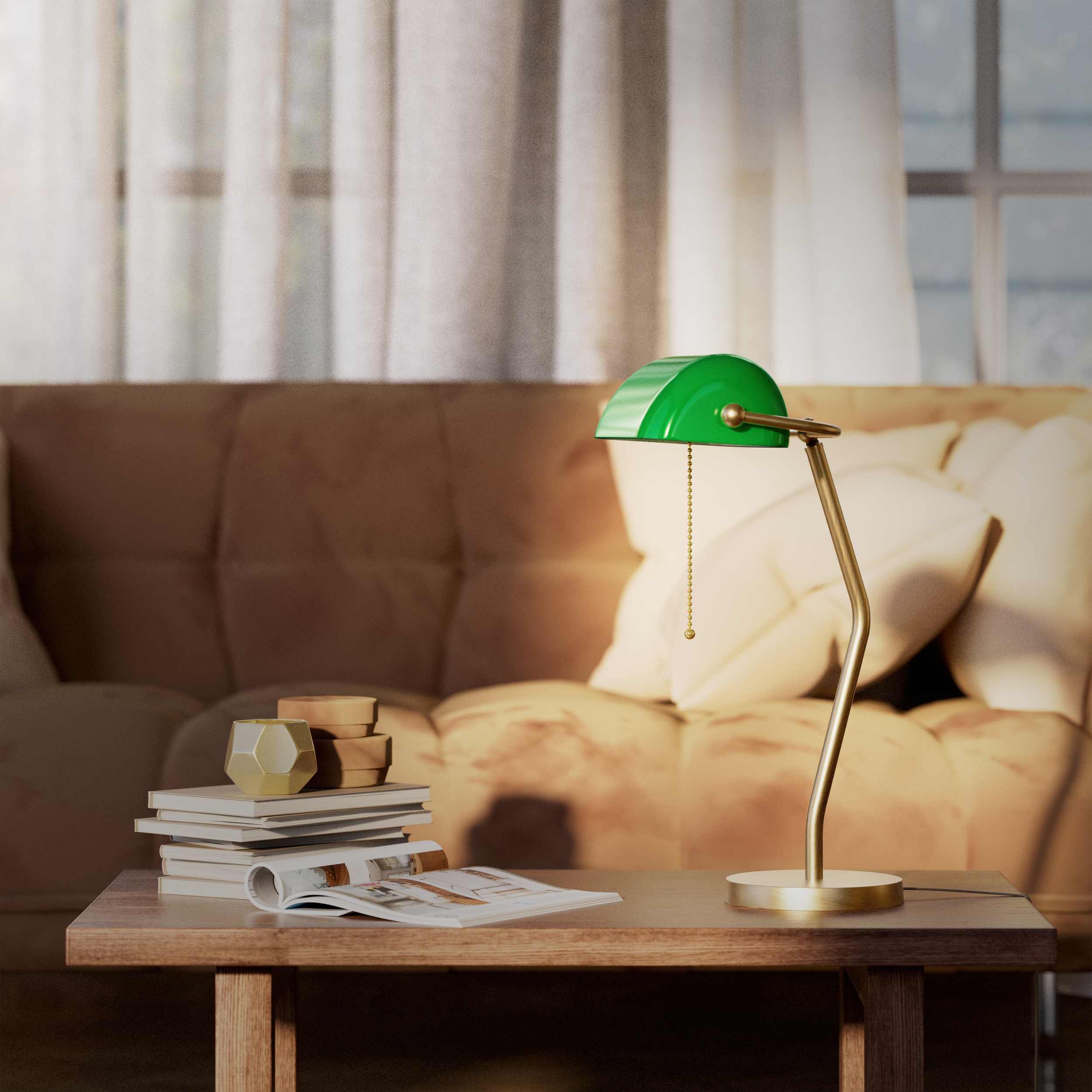 Minimalist table lamp with green glass shade circular brass base slender stem and pull chain by Ghidini 1849 - Finish: OBS Bronze Satin Brass
