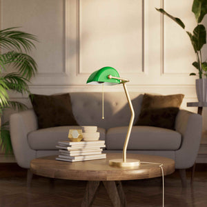 Minimalist table lamp with green glass shade circular brass base slender stem and pull chain by Ghidini 1849 - Finish: OBS Bronze Satin Brass