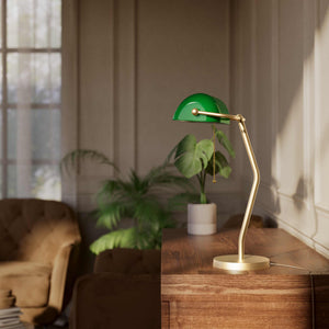 Minimalist table lamp with green glass shade circular brass base slender stem and pull chain by Ghidini 1849 - Finish: OBV Bronze Satin Light Brass