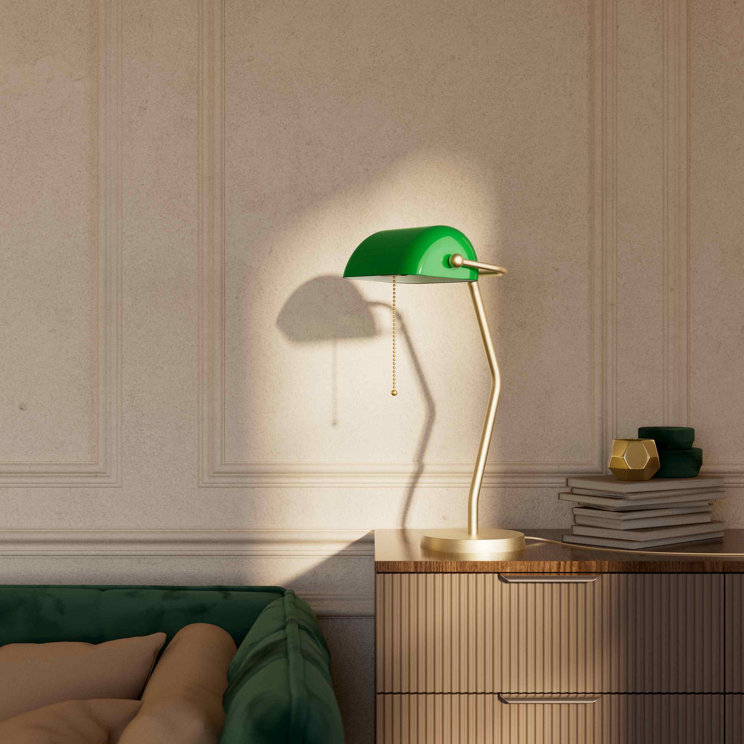 Minimalist table lamp with green glass shade circular brass base slender stem and pull chain by Ghidini 1849 - Finish: OBV Bronze Satin Light Brass