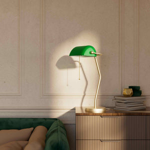 Minimalist table lamp with green glass shade circular brass base slender stem and pull chain by Ghidini 1849 - Finish: OBV Bronze Satin Light Brass