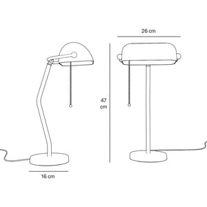 Minimalist table lamp with green glass shade circular brass base slender stem and pull chain by Ghidini 1849