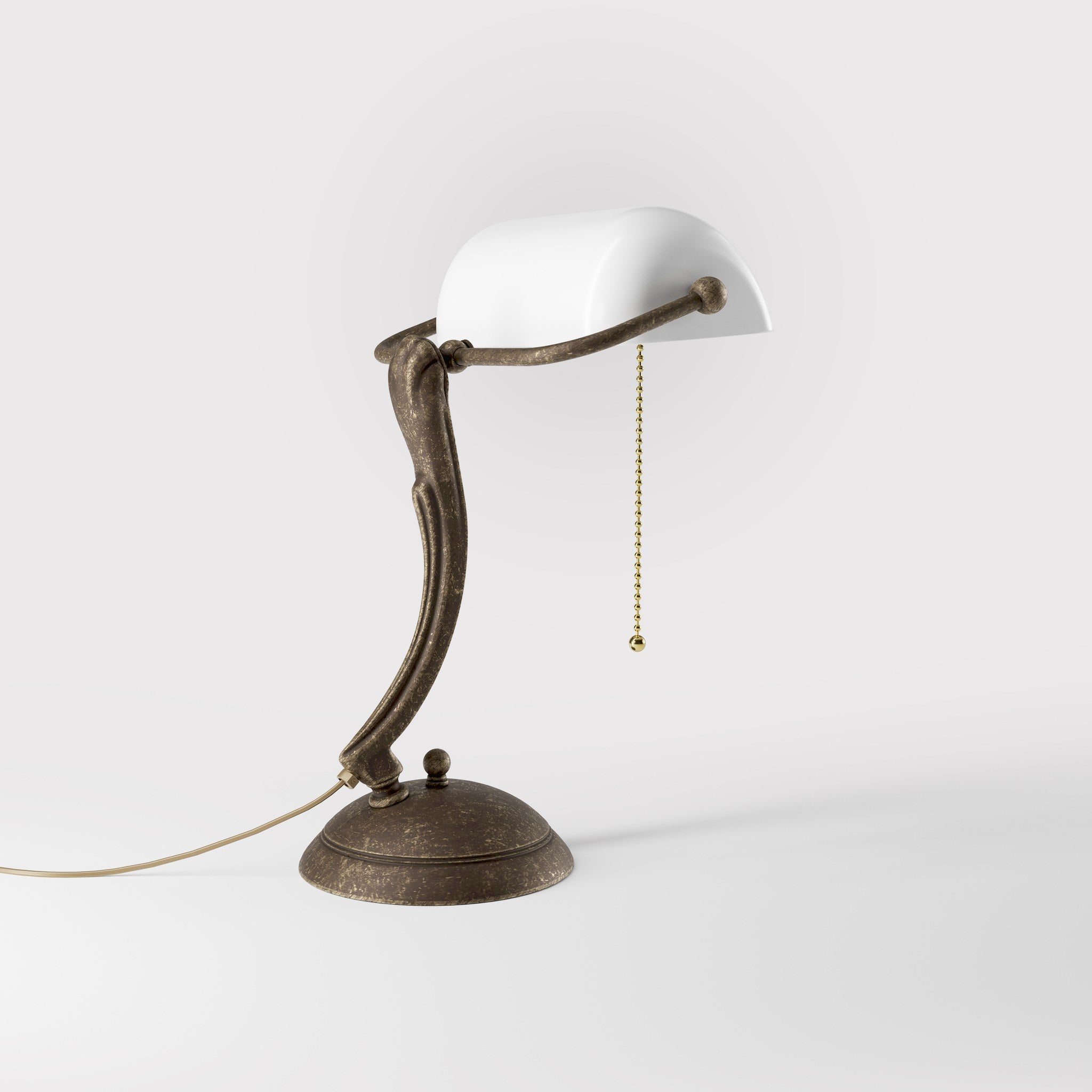 Classic table lamp with white glass shade decorated brass stem shaped circular base and pull chain by Ghidini 1849 - Finish: OAS Antique Brass