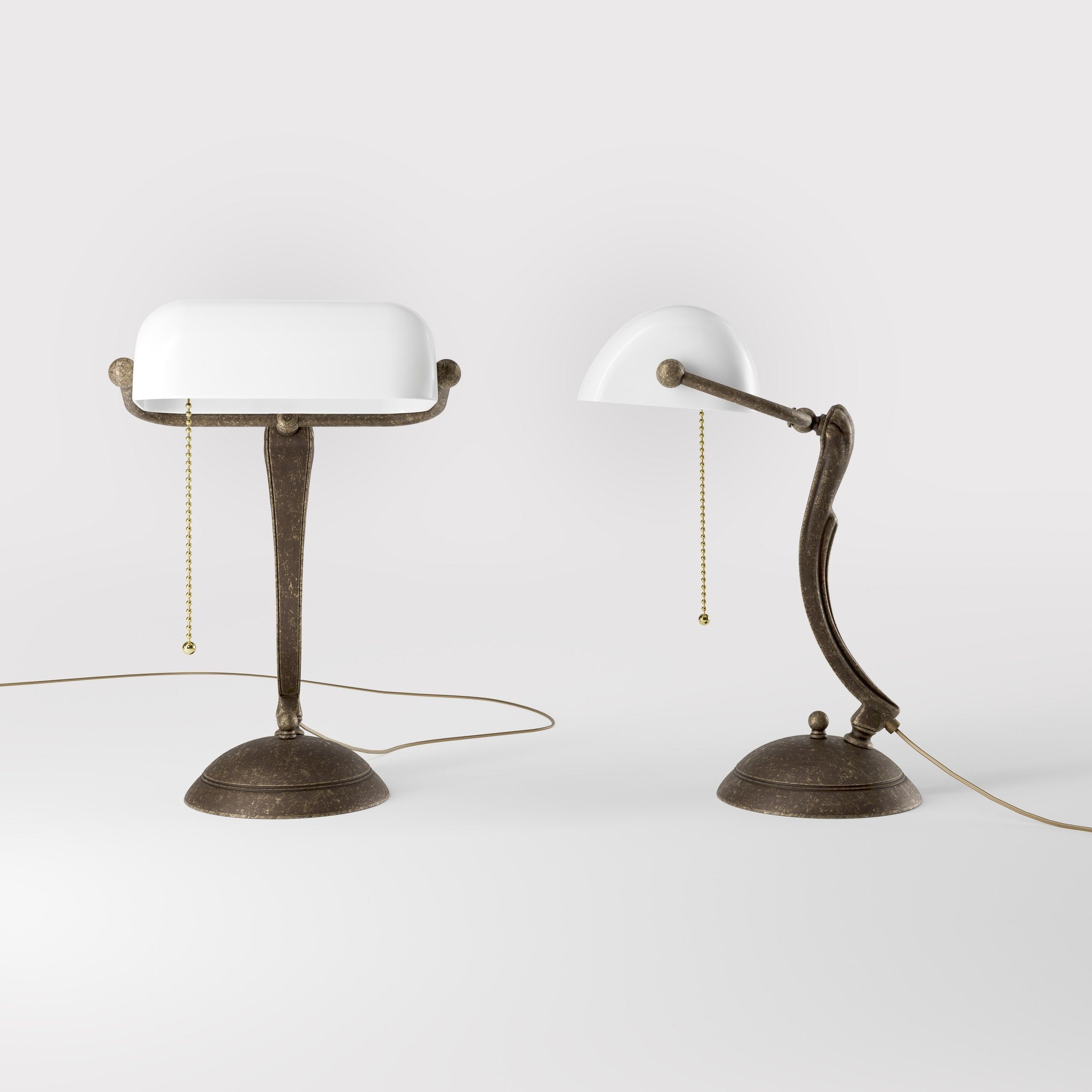 Classic table lamp with white glass shade decorated brass stem shaped circular base and pull chain by Ghidini 1849 - Finish: OAS Antique Brass