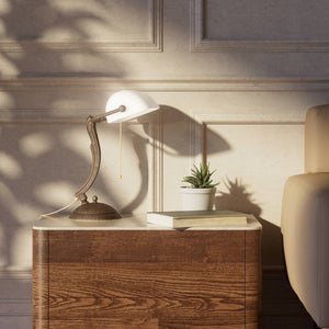 Classic table lamp with white glass shade decorated brass stem shaped circular base and pull chain by Ghidini 1849 - Finish: OAS Antique Brass