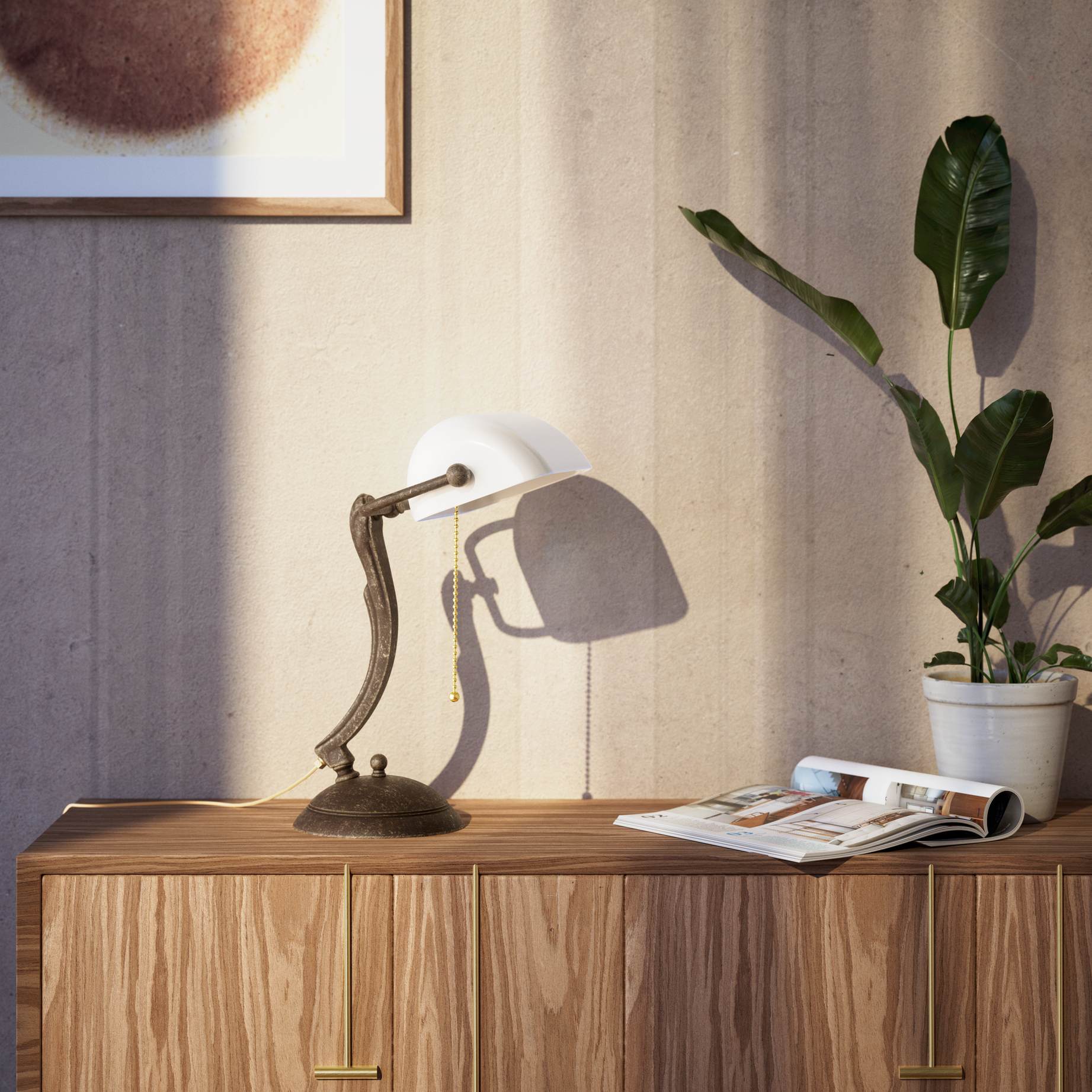 Classic table lamp with white glass shade decorated brass stem shaped circular base and pull chain by Ghidini 1849 - Finish: OAS Antique Brass