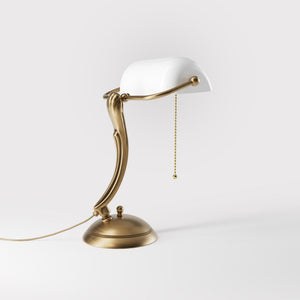 Classic table lamp with white glass shade decorated brass stem shaped circular base and pull chain by Ghidini 1849 - Finish: OBS Bronze Satin Brass
