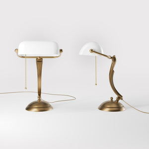 Classic table lamp with white glass shade decorated brass stem shaped circular base and pull chain by Ghidini 1849 - Finish: OBS Bronze Satin Brass