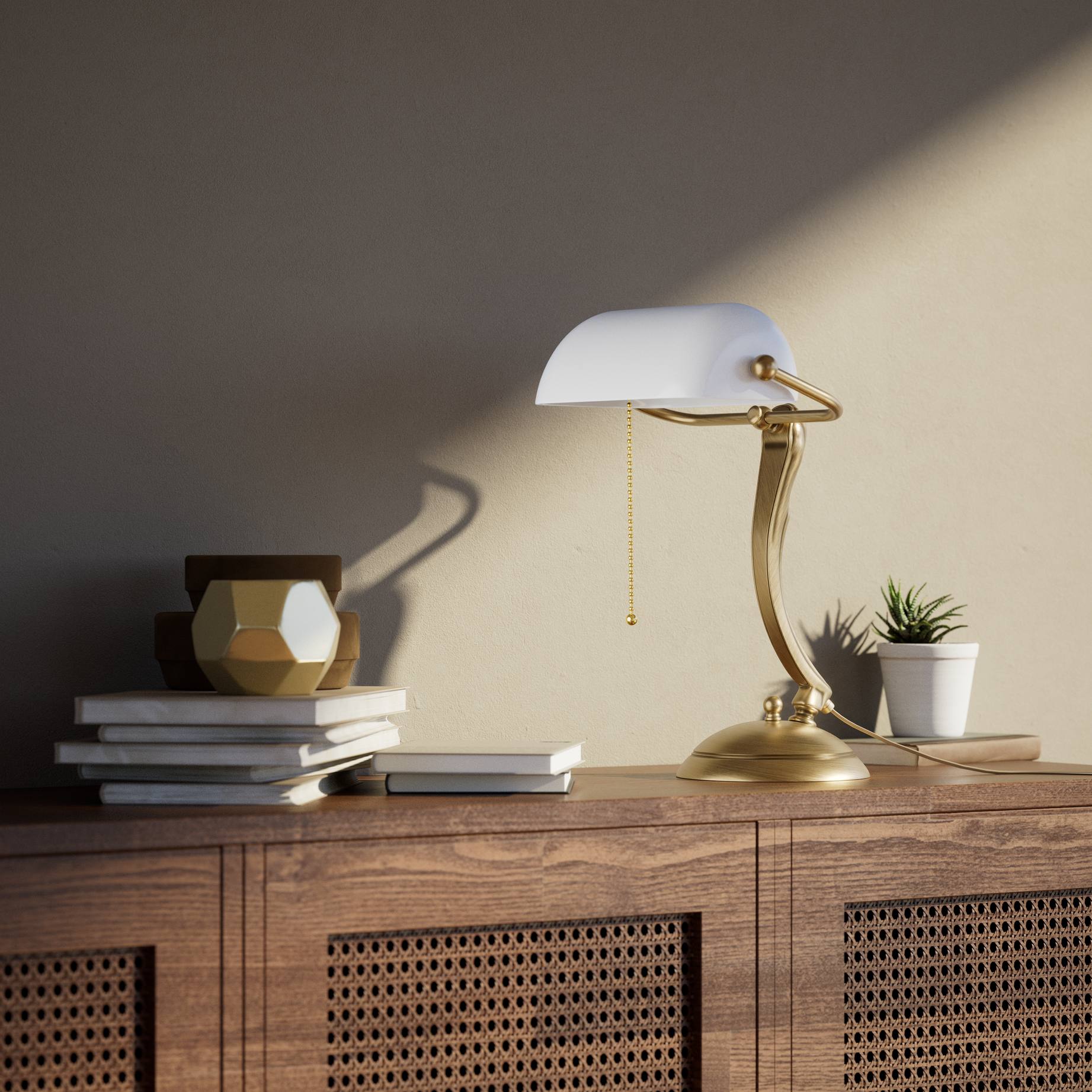 Classic table lamp with white glass shade decorated brass stem shaped circular base and pull chain by Ghidini 1849 - Finish: OBS Bronze Satin Brass