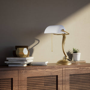 Classic table lamp with white glass shade decorated brass stem shaped circular base and pull chain by Ghidini 1849 - Finish: OBS Bronze Satin Brass