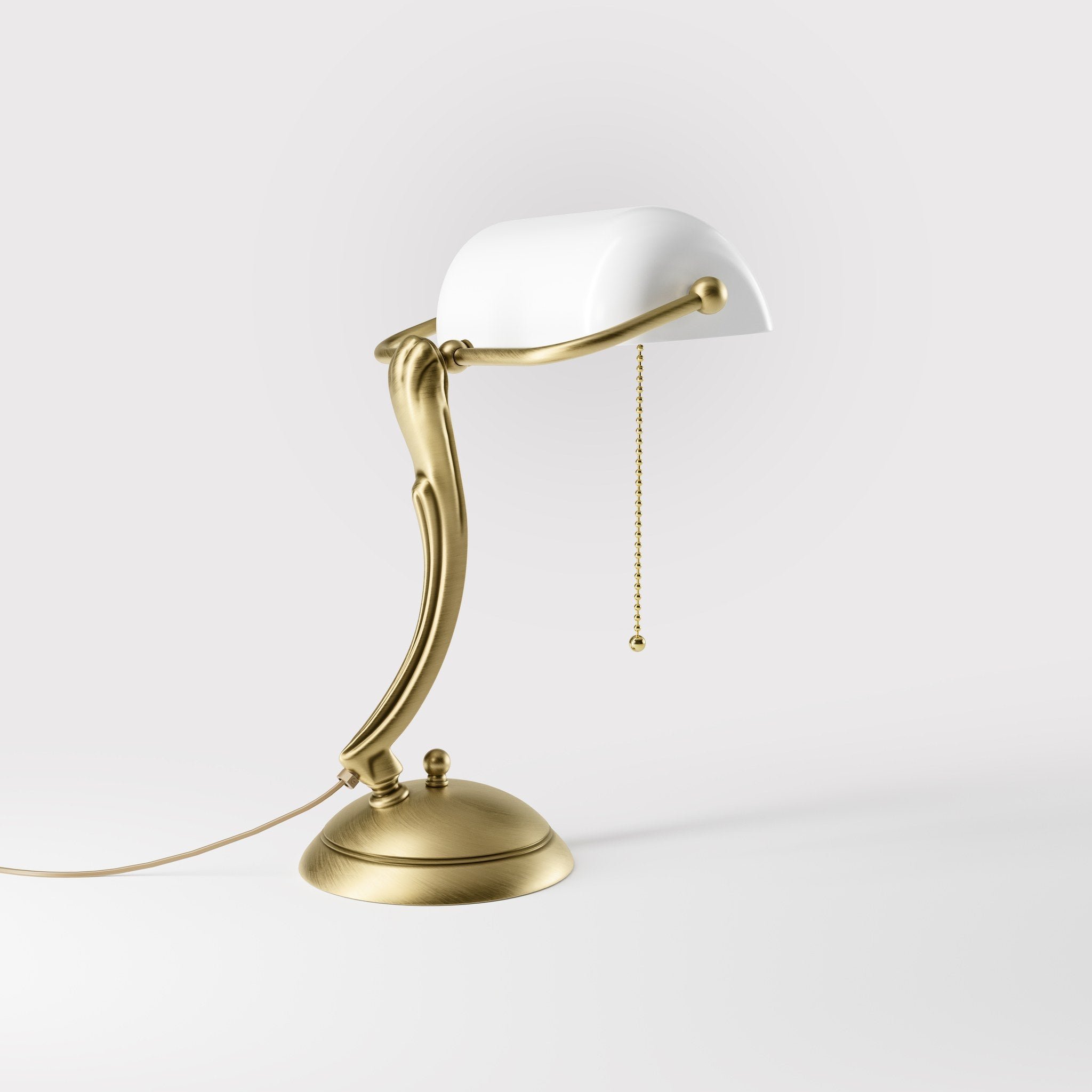 Classic table lamp with white glass shade decorated brass stem shaped circular base and pull chain by Ghidini 1849 - Finish: OBV Bronze Satin Light Brass