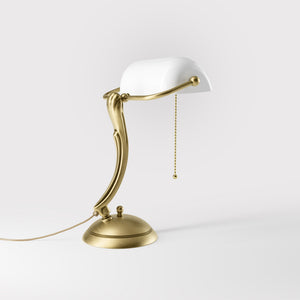 Classic table lamp with white glass shade decorated brass stem shaped circular base and pull chain by Ghidini 1849 - Finish: OBV Bronze Satin Light Brass