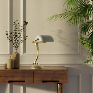 Classic table lamp with white glass shade decorated brass stem shaped circular base and pull chain by Ghidini 1849 - Finish: OBV Bronze Satin Light Brass