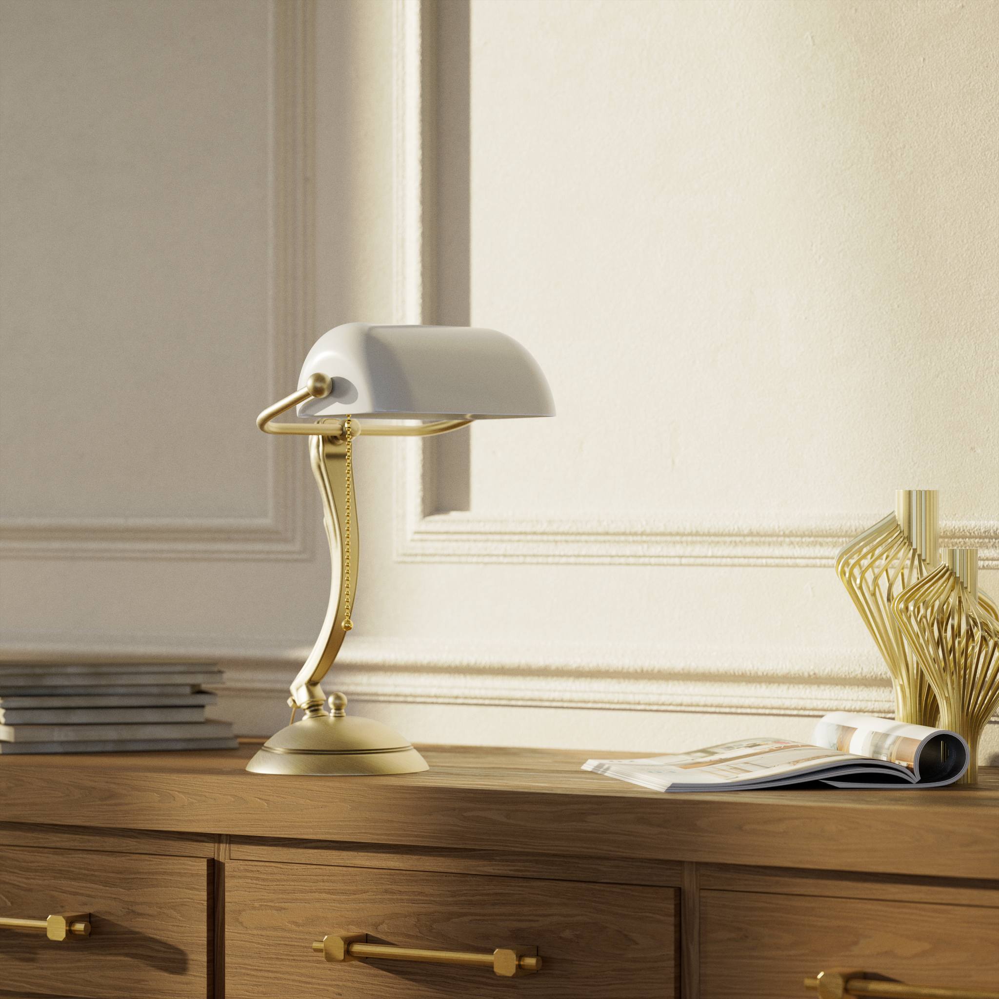 Classic table lamp with white glass shade decorated brass stem shaped circular base and pull chain by Ghidini 1849 - Finish: OBV Bronze Satin Light Brass