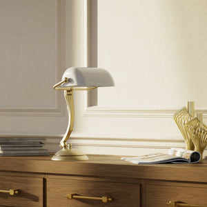 Classic table lamp with white glass shade decorated brass stem shaped circular base and pull chain by Ghidini 1849 - Finish: OBV Bronze Satin Light Brass