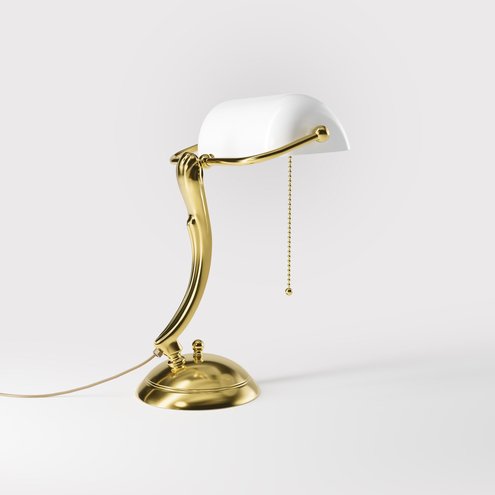 Classic table lamp with white glass shade decorated brass stem shaped circular base and pull chain by Ghidini 1849 - Finish: OLV Polished Brass