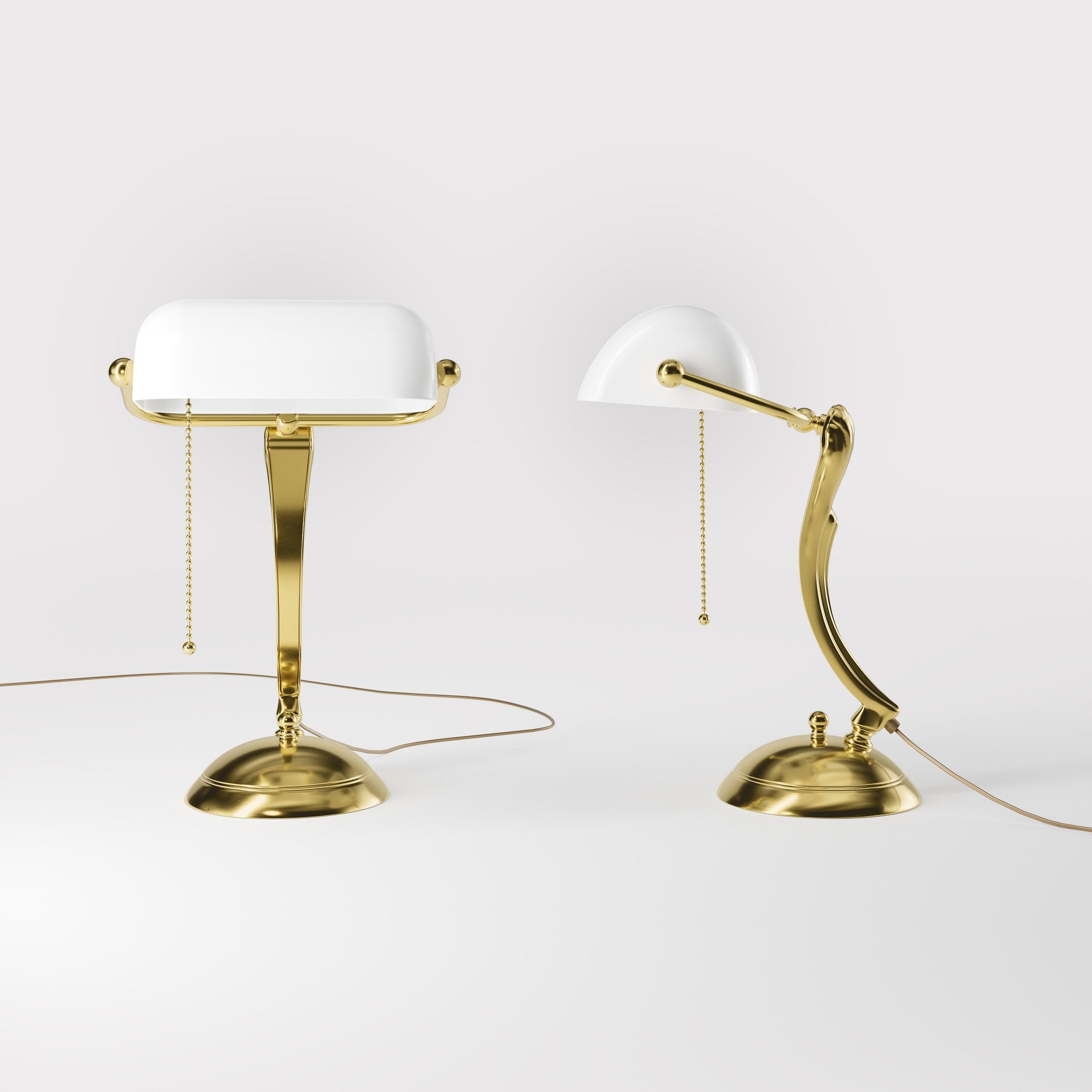 Classic table lamp with white glass shade decorated brass stem shaped circular base and pull chain by Ghidini 1849 - Finish: OLV Polished Brass