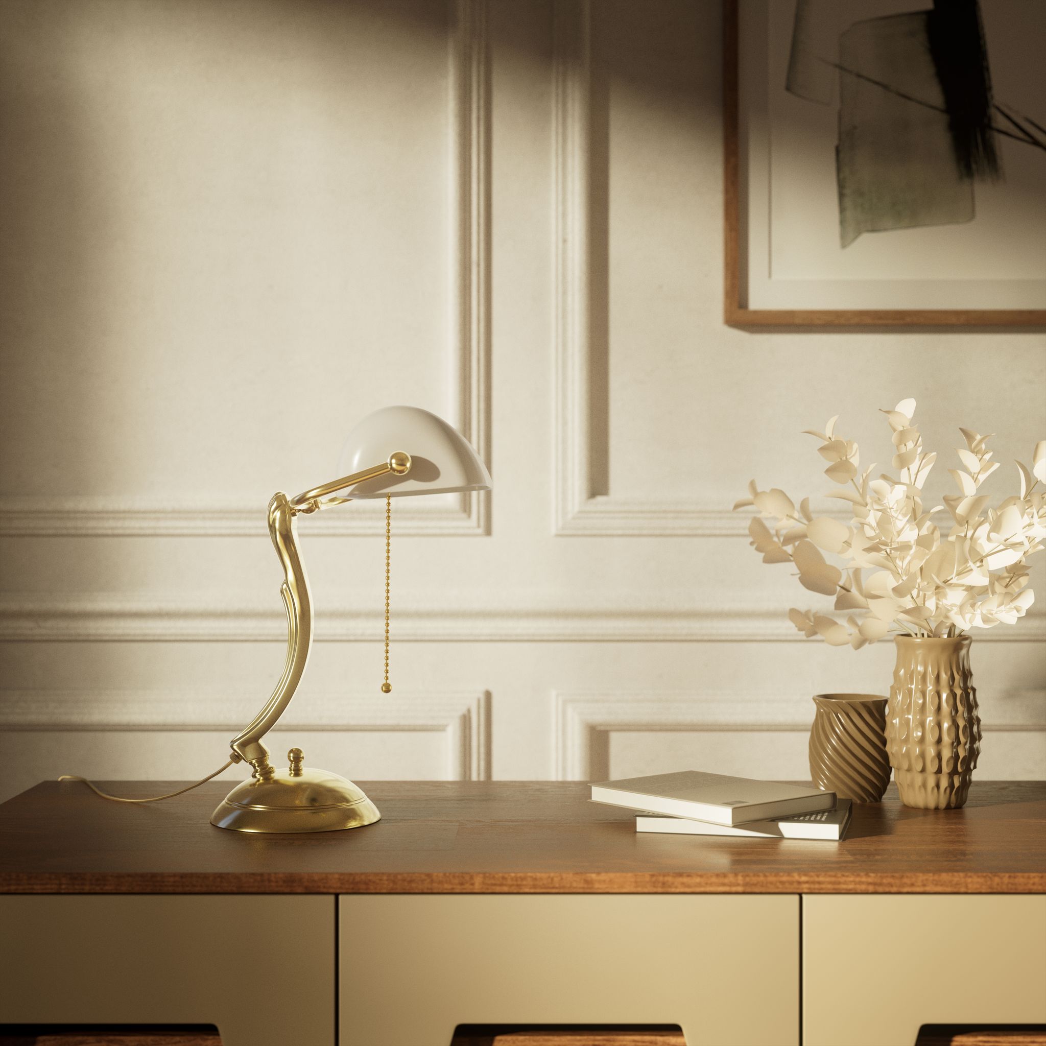 Classic table lamp with white glass shade decorated brass stem shaped circular base and pull chain by Ghidini 1849 - Finish: OLV Polished Brass