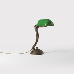 Small classic lamp with green glass shade decorated brass stem shaped circular base elegant design by Ghidini 1849 | Finish: OAS Antique Brass