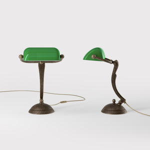 Small classic lamp with green glass shade decorated brass stem shaped circular base elegant design by Ghidini 1849 | Finish: OAS Antique Brass