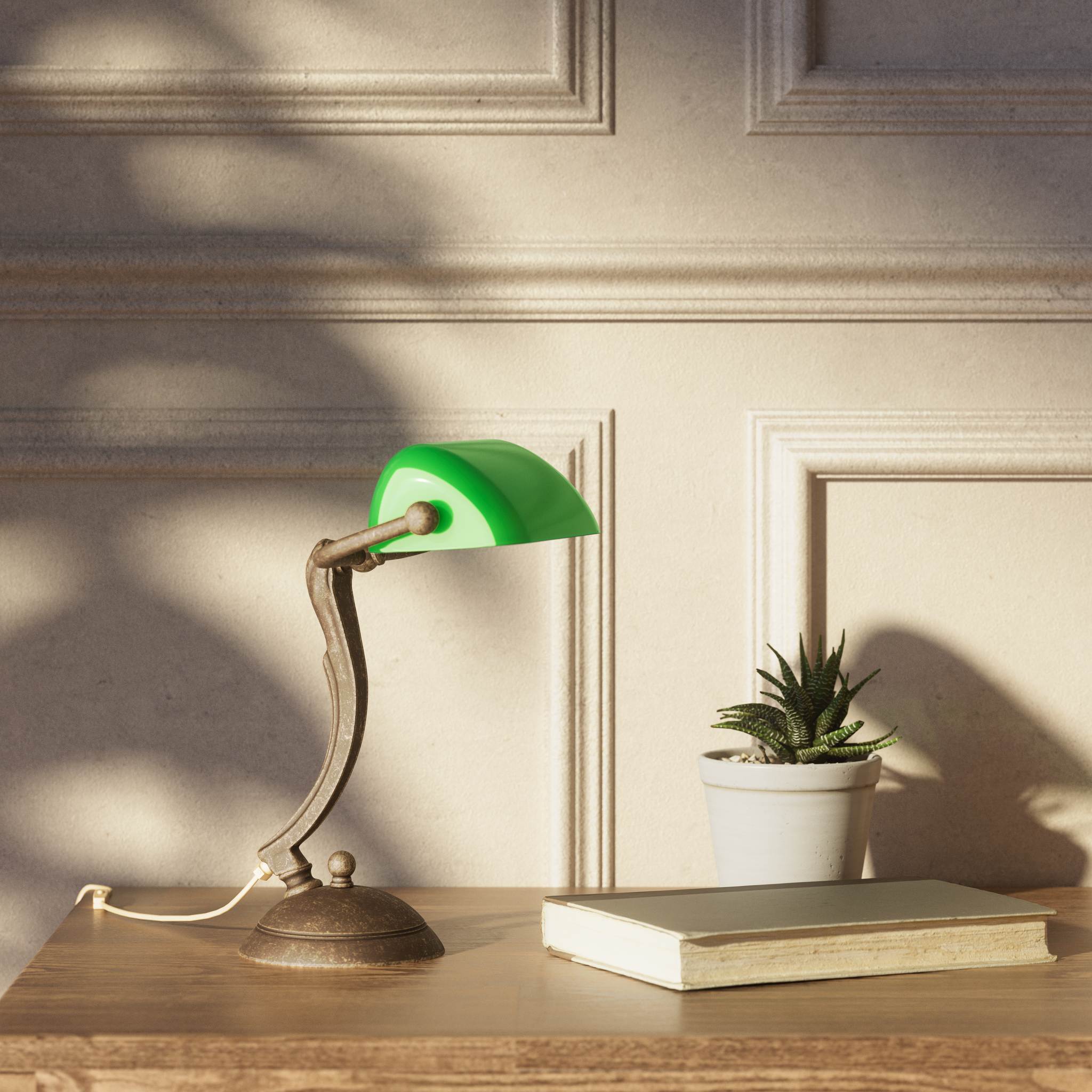 Small classic lamp with green glass shade decorated brass stem shaped circular base elegant design by Ghidini 1849 | Finish: OAS Antique Brass