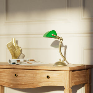 Small classic lamp with green glass shade decorated brass stem shaped circular base elegant design by Ghidini 1849 | Finish: OBV Bronze Satin Light Brass