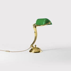 Small classic lamp with green glass shade decorated brass stem shaped circular base elegant design by Ghidini 1849 | Finish: OLV Polished Brass