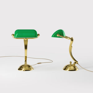Small classic lamp with green glass shade decorated brass stem shaped circular base elegant design by Ghidini 1849 | Finish: OLV Polished Brass