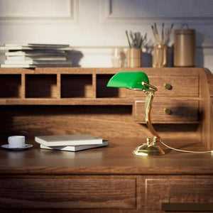 Small classic lamp with green glass shade decorated brass stem shaped circular base elegant design by Ghidini 1849 | Finish: OLV Polished Brass