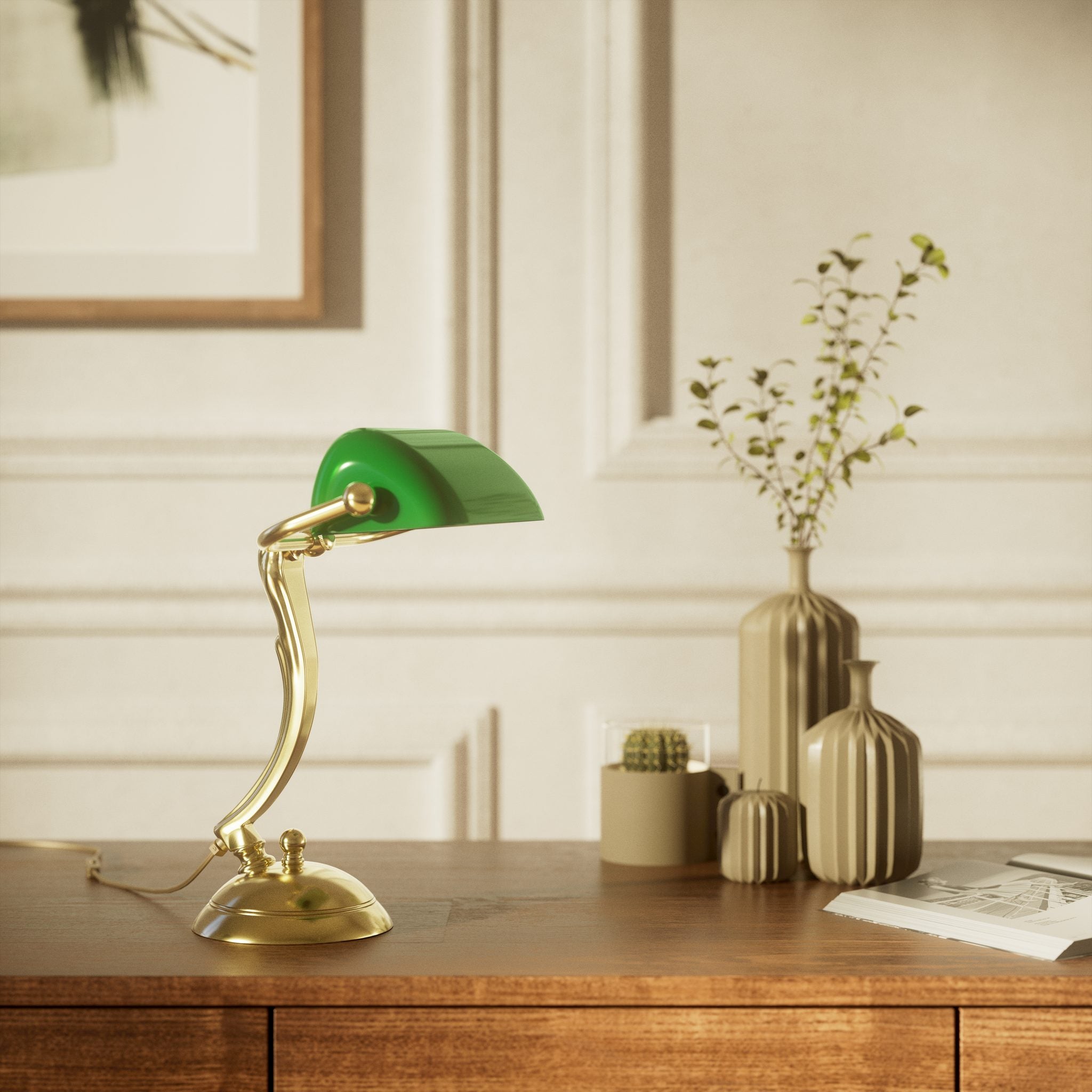 Small classic lamp with green glass shade decorated brass stem shaped circular base elegant design by Ghidini 1849 | Finish: OLV Polished Brass