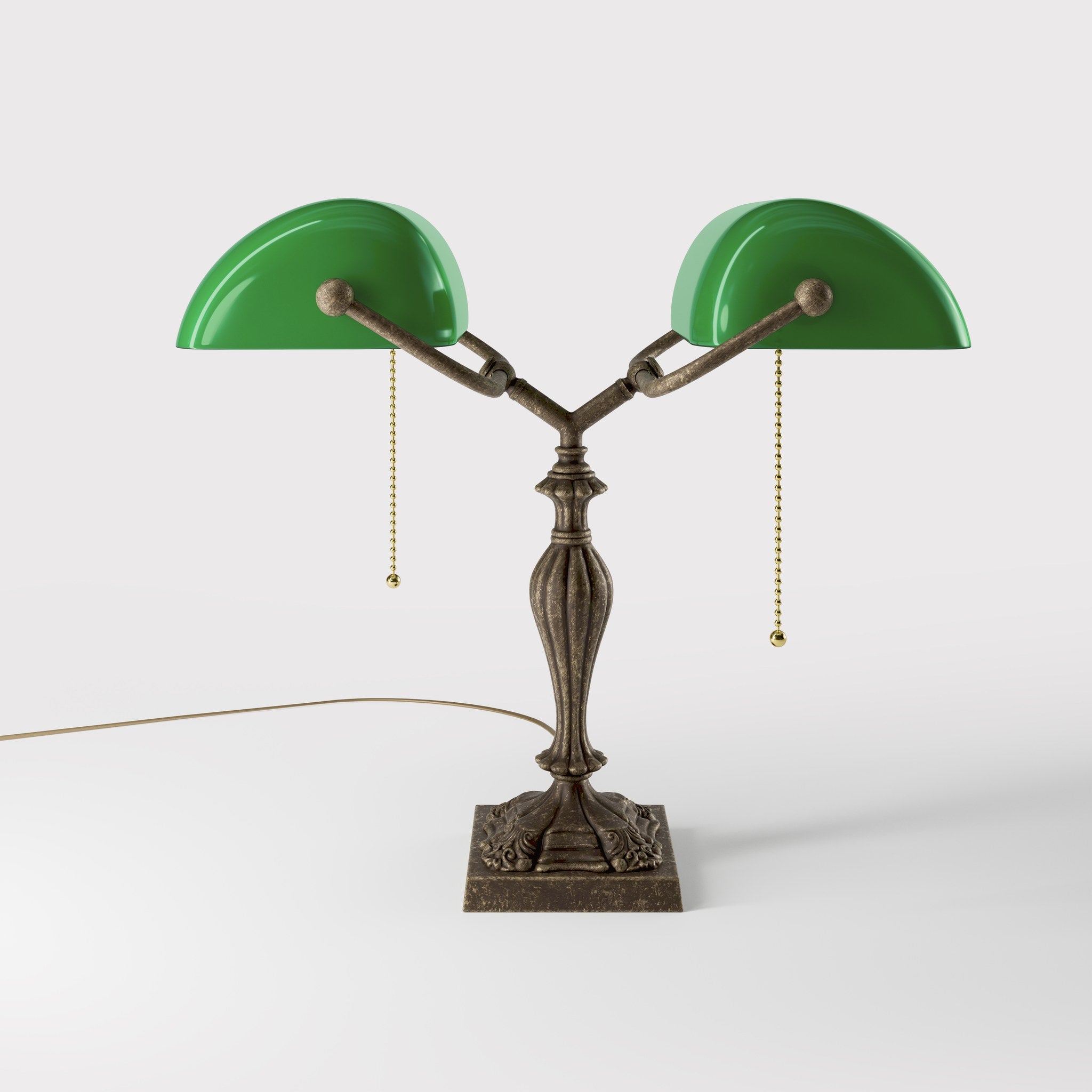 Double banker's table lamp brass green shades decorated base naturalistic motifs pull chains classic design Italian craftsmanship by Ghidini 1849 | Finish: OAS Antique Brass