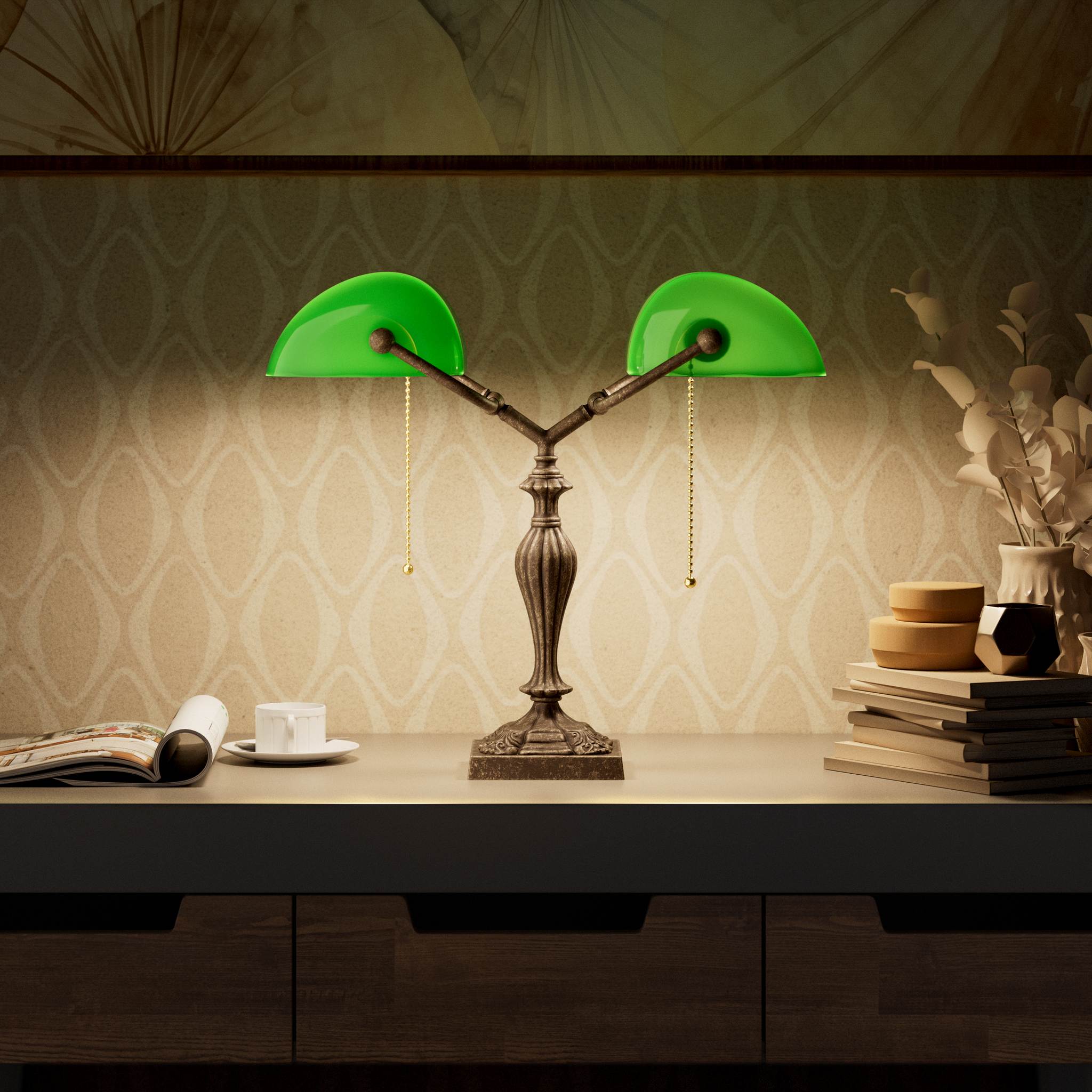 Double banker's table lamp brass green shades decorated base naturalistic motifs pull chains classic design Italian craftsmanship by Ghidini 1849 | Finish: OAS Antique Brass