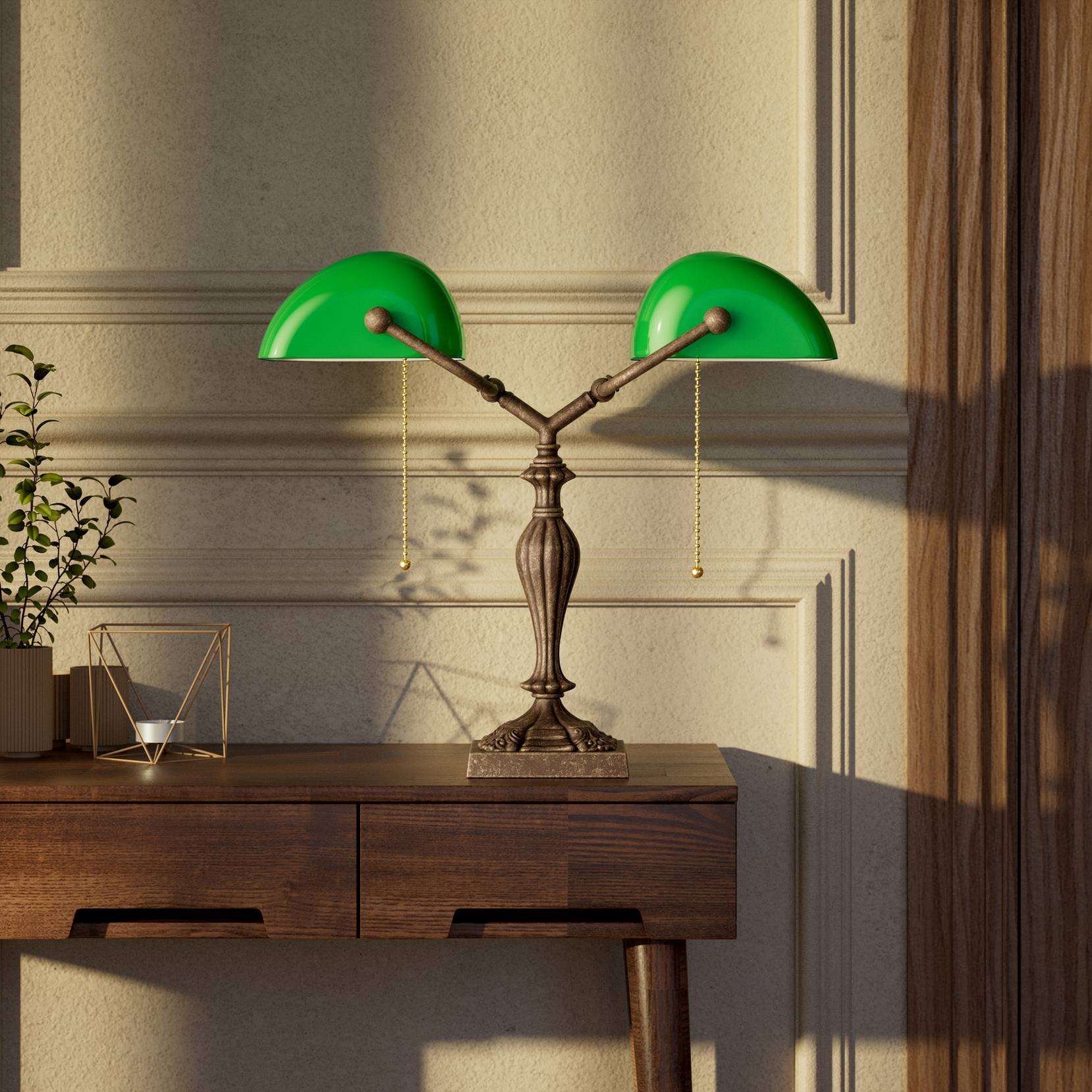 Double banker's table lamp brass green shades decorated base naturalistic motifs pull chains classic design Italian craftsmanship by Ghidini 1849 | Finish: OAS Antique Brass
