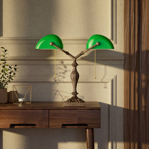 Double banker's table lamp brass green shades decorated base naturalistic motifs pull chains classic design Italian craftsmanship by Ghidini 1849 | Finish: OAS Antique Brass