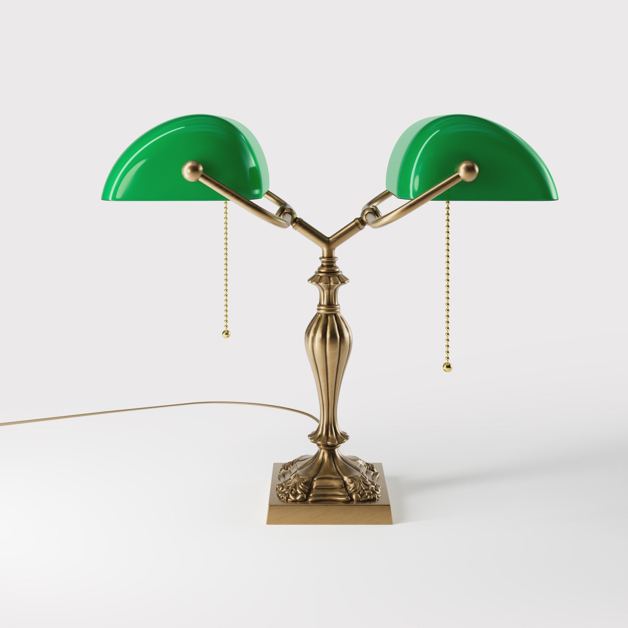 Double banker's table lamp brass green shades decorated base naturalistic motifs pull chains classic design Italian craftsmanship by Ghidini 1849 | Finish: OBS Bronze Satin Brass