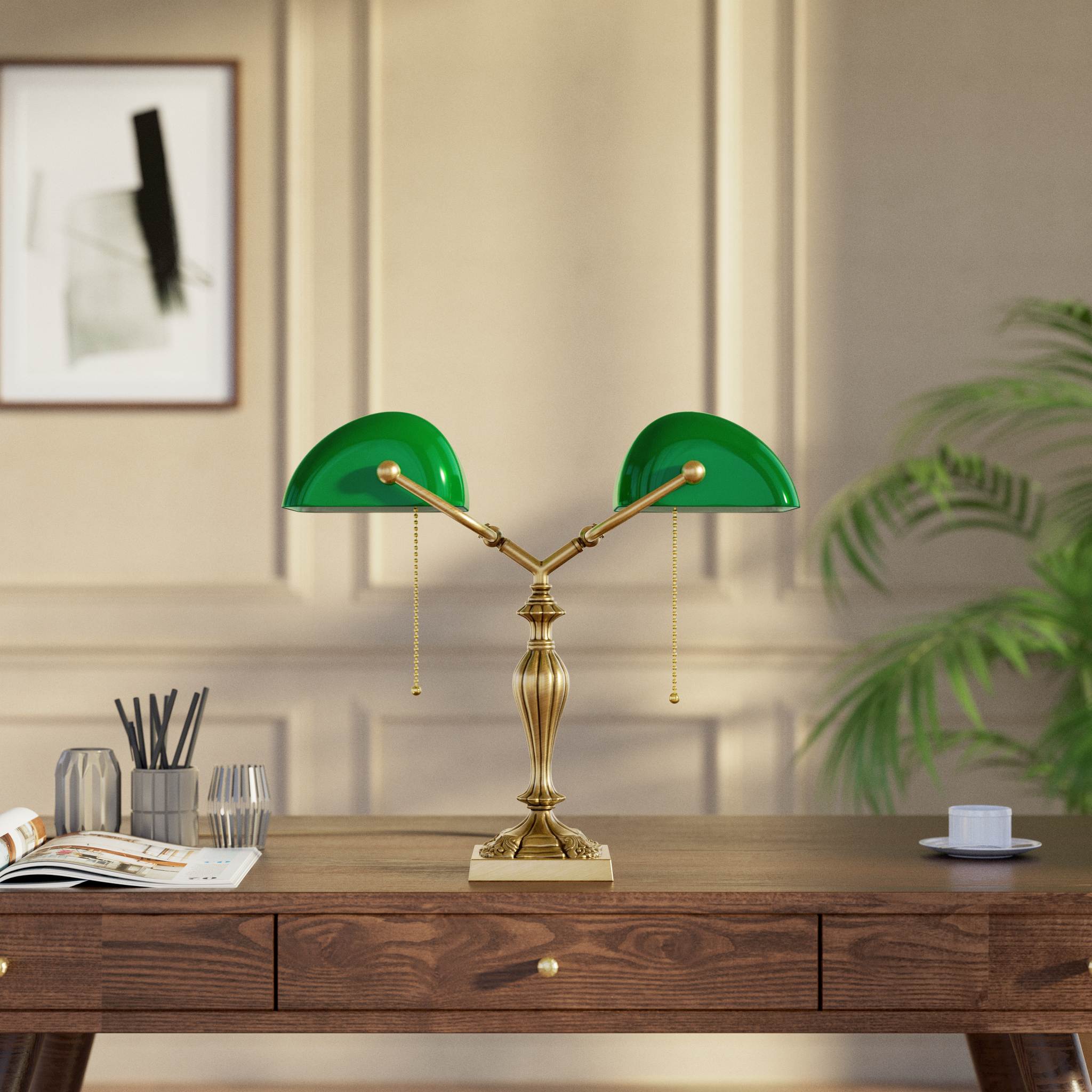Double banker's table lamp brass green shades decorated base naturalistic motifs pull chains classic design Italian craftsmanship by Ghidini 1849 | Finish: OBS Bronze Satin Brass