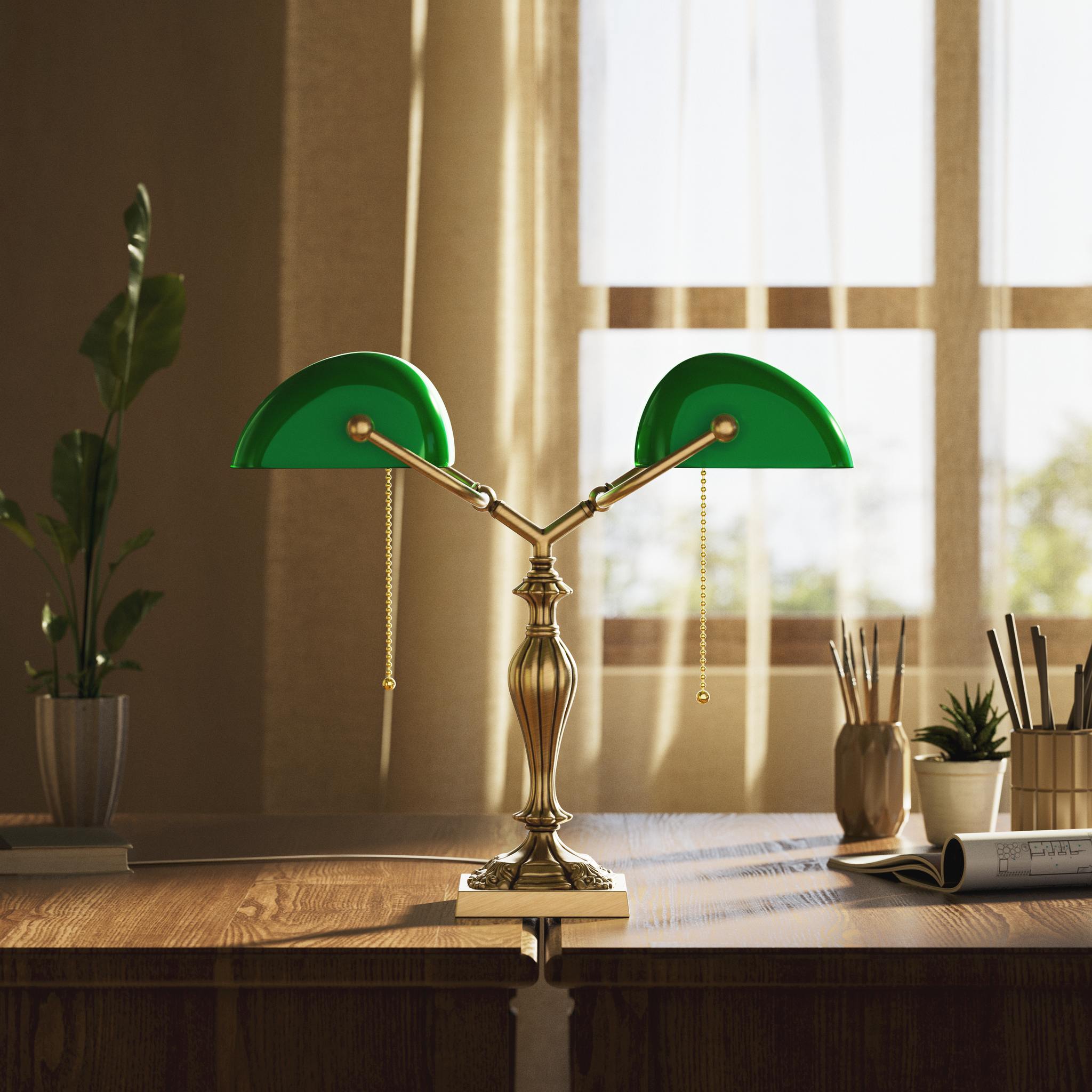 Double banker's table lamp brass green shades decorated base naturalistic motifs pull chains classic design Italian craftsmanship by Ghidini 1849 | Finish: OBS Bronze Satin Brass