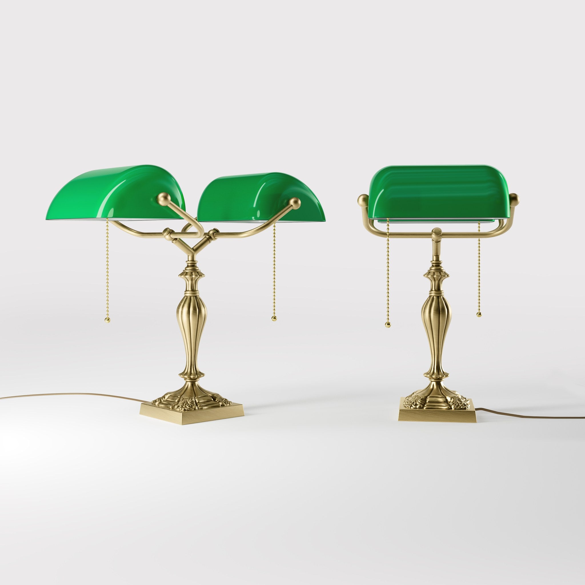 Double banker's table lamp brass green shades decorated base naturalistic motifs pull chains classic design Italian craftsmanship by Ghidini 1849 | Finish: OBV Bronze Satin Light Brass