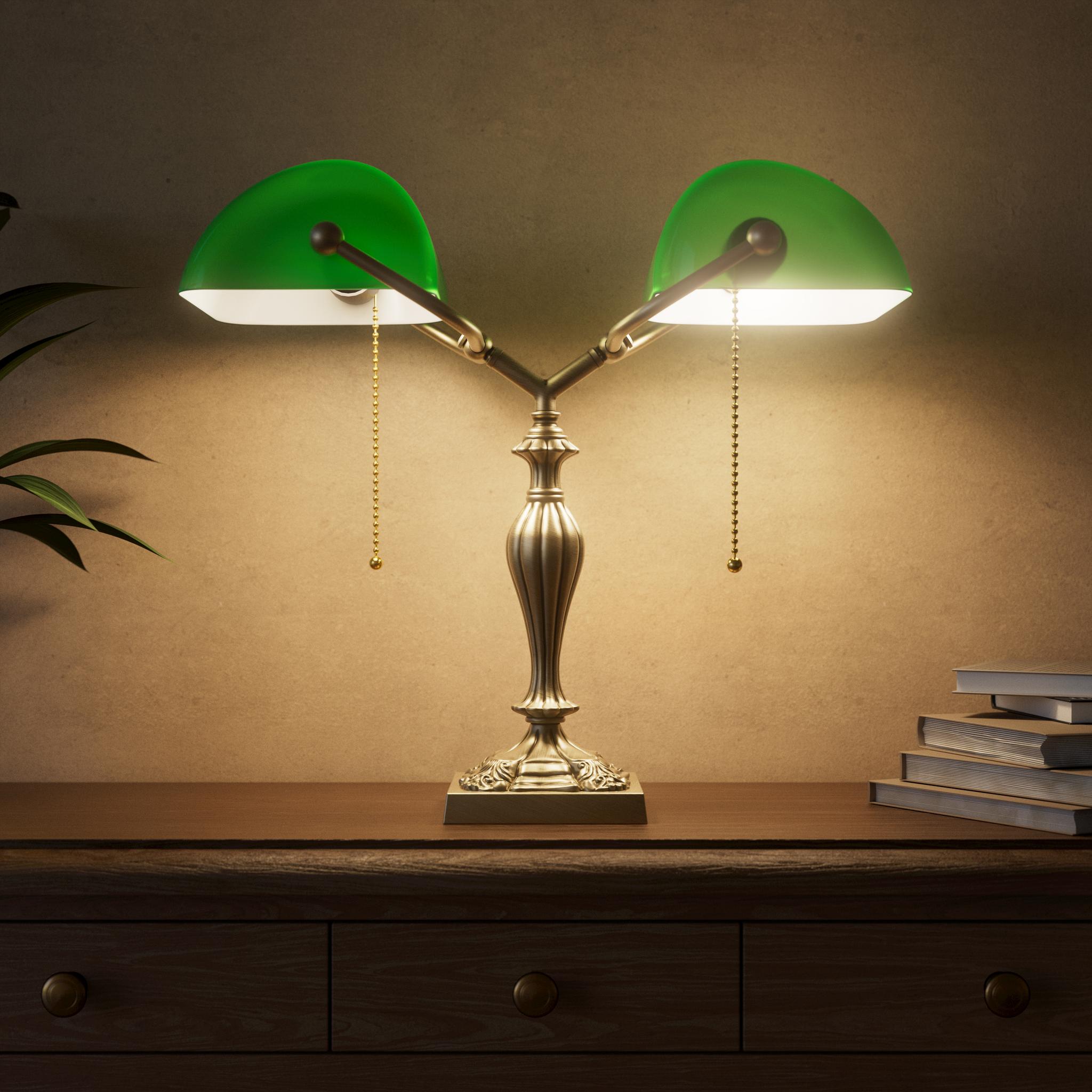 Double banker's table lamp brass green shades decorated base naturalistic motifs pull chains classic design Italian craftsmanship by Ghidini 1849 | Finish: OBV Bronze Satin Light Brass