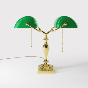Double banker's table lamp brass green shades decorated base naturalistic motifs pull chains classic design Italian craftsmanship by Ghidini 1849 | Finish: OLV Polished Brass