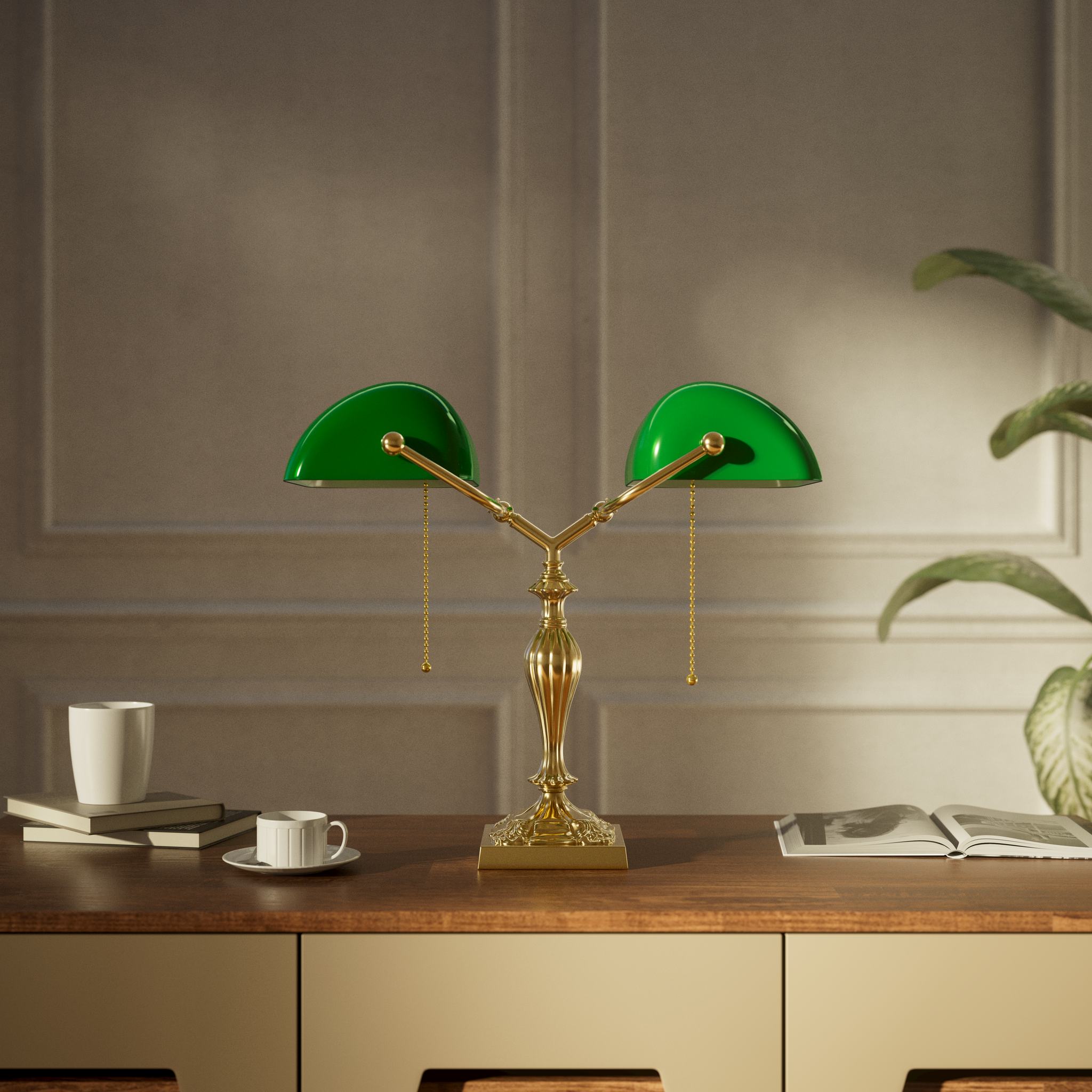 Double banker's table lamp brass green shades decorated base naturalistic motifs pull chains classic design Italian craftsmanship by Ghidini 1849 | Finish: OLV Polished Brass