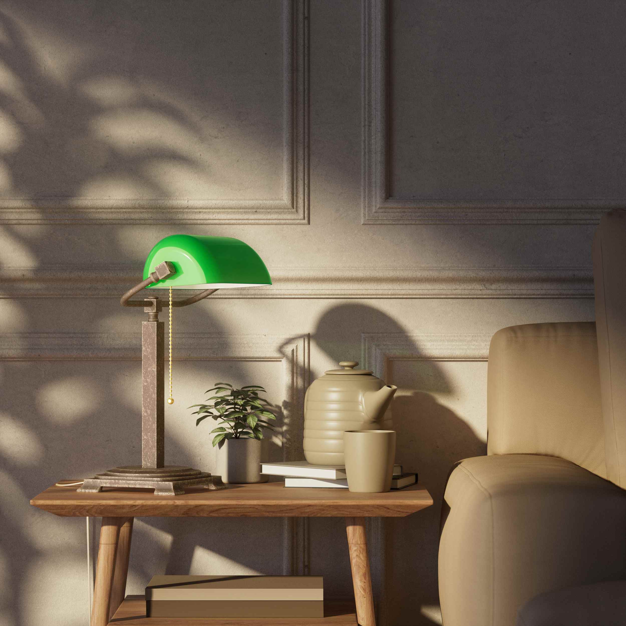 Executive library lamp with green glass shade and brass structure, decorative geometric base and golden pull chain by Ghidini 1849 - Finish: OAS Antique Brass