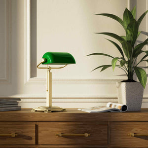 Executive library lamp with green glass shade and brass structure, decorative geometric base and golden pull chain by Ghidini 1849 - Finish: OBV Bronze Satin Light Brass