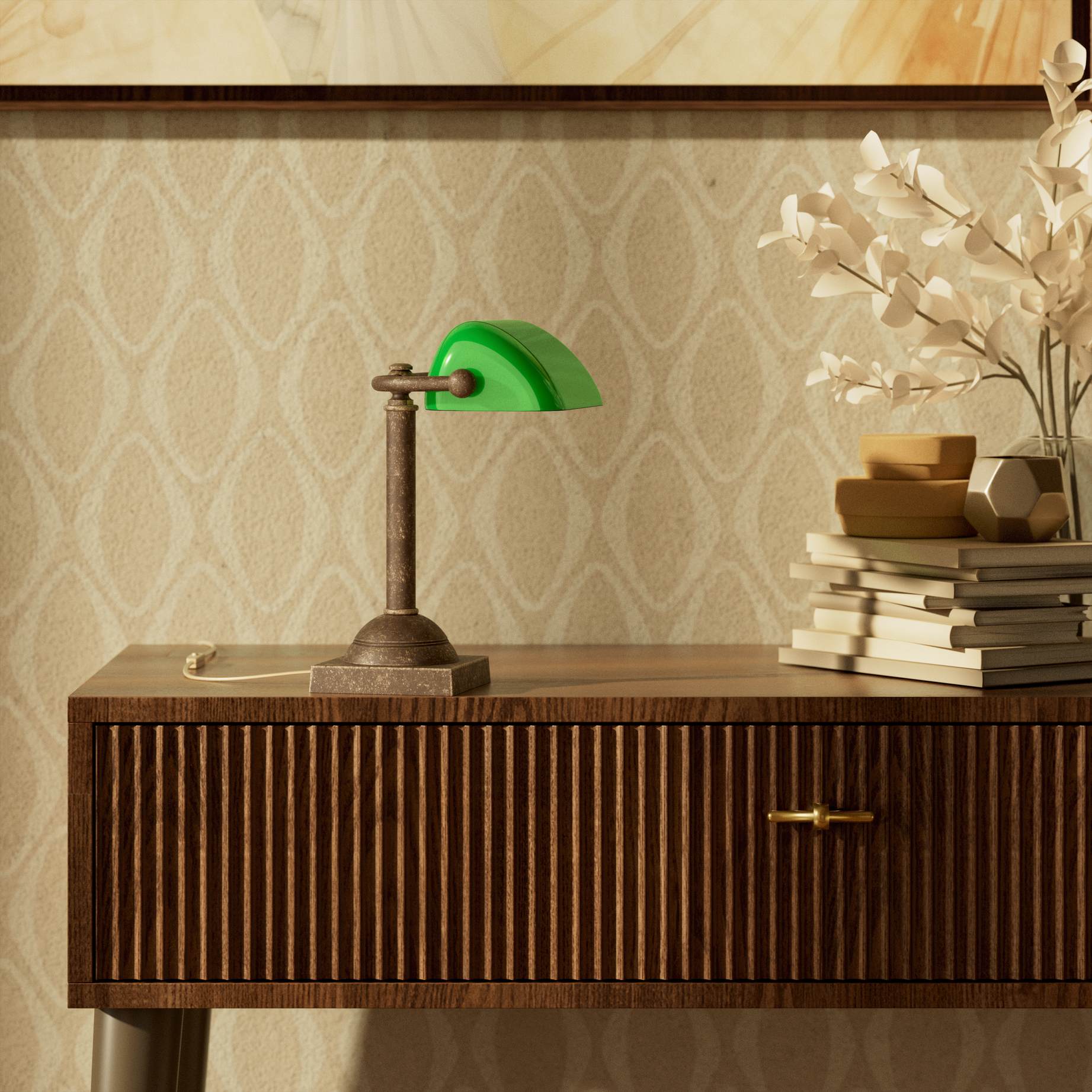 Compact banker's lamp with green glass shade and brass structure, square base and essential design by Ghidini 1849 - Finish: OAS Antique Brass