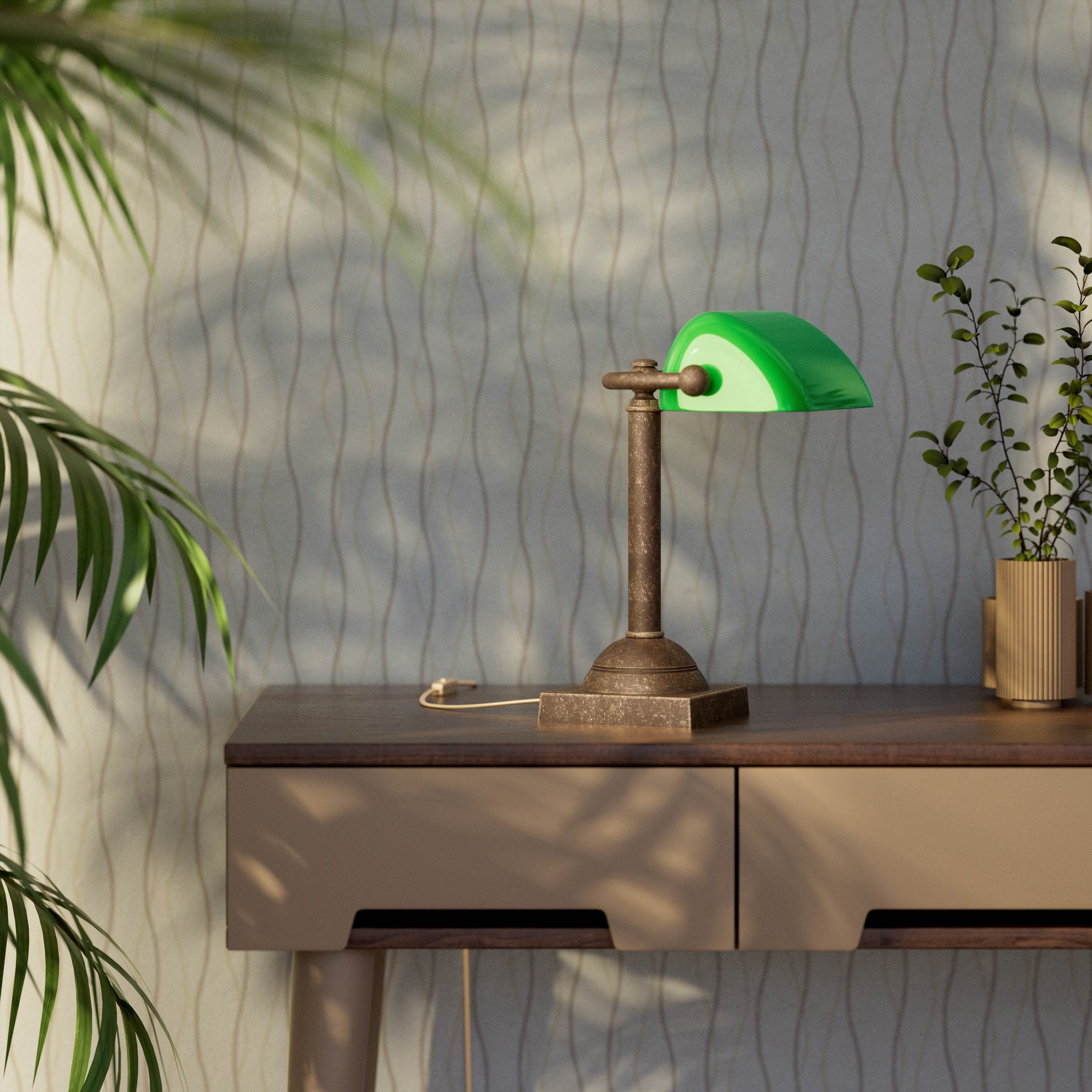 Compact banker's lamp with green glass shade and brass structure, square base and essential design by Ghidini 1849 - Finish: OAS Antique Brass