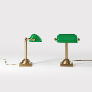 Compact banker's lamp with green glass shade and brass structure, square base and essential design by Ghidini 1849 - Finish: OBS Bronze Satin Brass