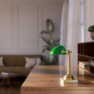 Compact banker's lamp with green glass shade and brass structure, square base and essential design by Ghidini 1849 - Finish: OBS Bronze Satin Brass