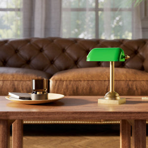 Compact banker's lamp with green glass shade and brass structure, square base and essential design by Ghidini 1849 - Finish: OBS Bronze Satin Brass