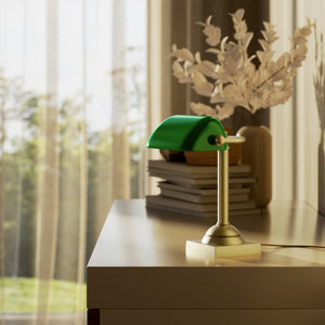 Compact banker's lamp with green glass shade and brass structure, square base and essential design by Ghidini 1849 - Finish: OBV Bronze Satin Light Brass