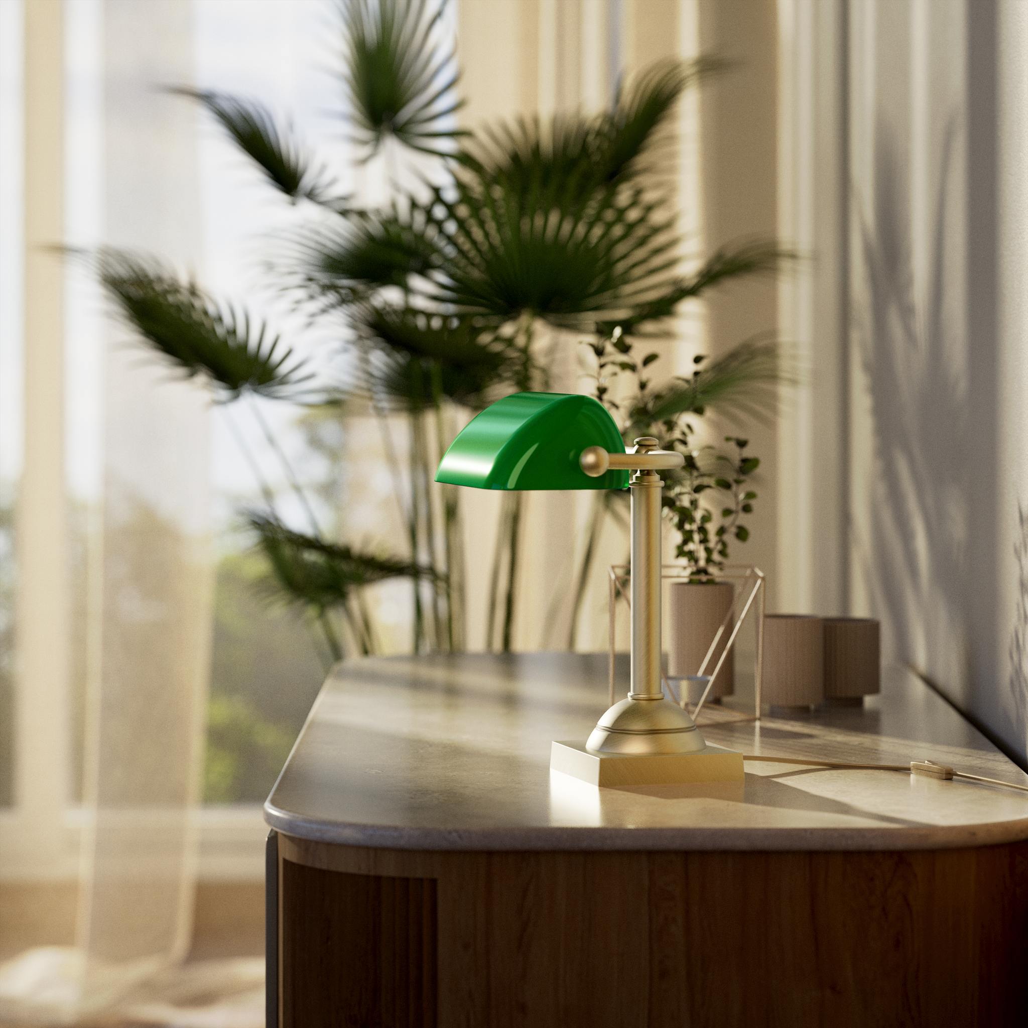 Compact banker's lamp with green glass shade and brass structure, square base and essential design by Ghidini 1849 - Finish: OBV Bronze Satin Light Brass